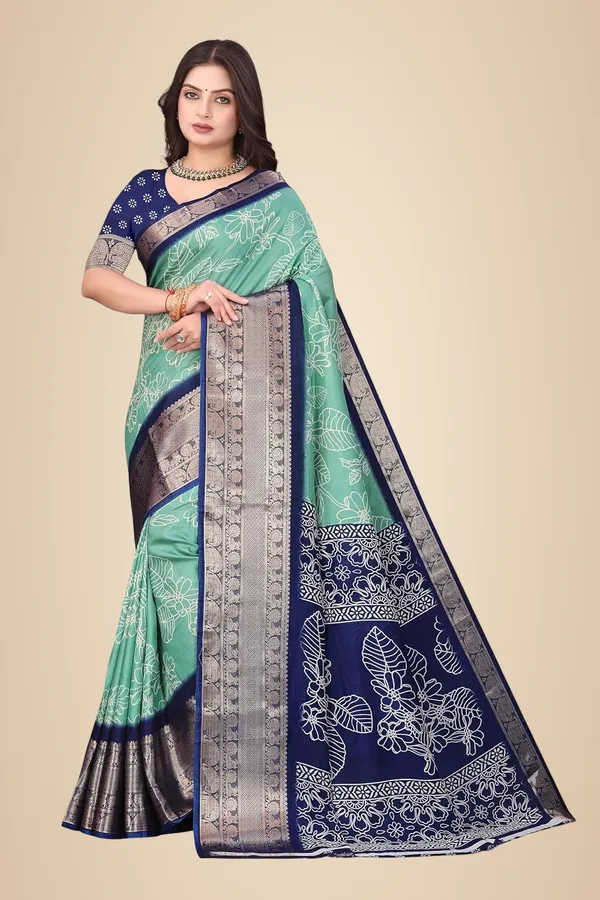 Navy_Blue_And_Mint_Green_Dola_Silk_Kalamkari_Print_Saree_For_Women