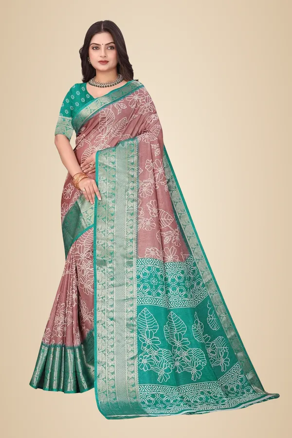 Teal_Green_And_Light_Pink_Dola_Silk_Kalamkari_Print_Saree_For_Women