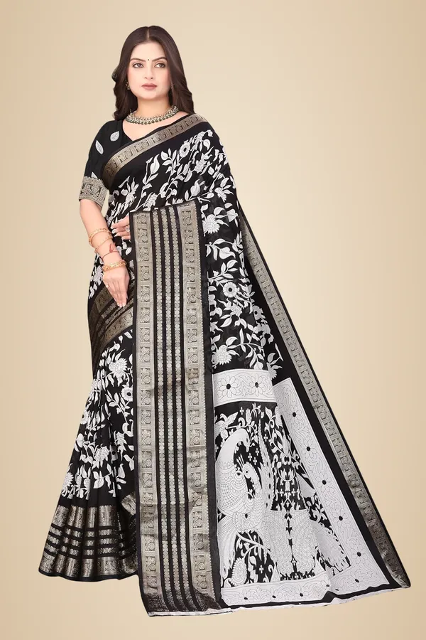 Black_Floral_Dola_Silk_Kalamkari_Print_Saree_For_Women