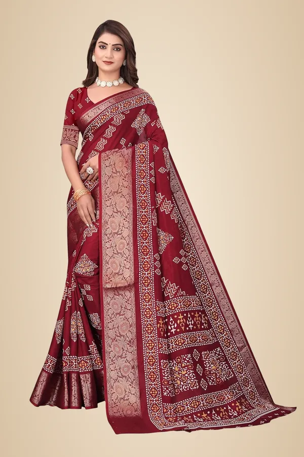 Maroon_Dola_Silk_Kalamkari_Print_Saree_For_Women