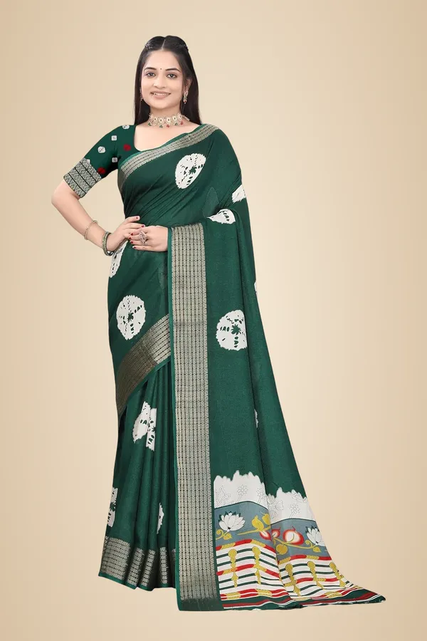 Bottle_Green_Dola_Silk_Kalamkari_Print_Saree_For_Women