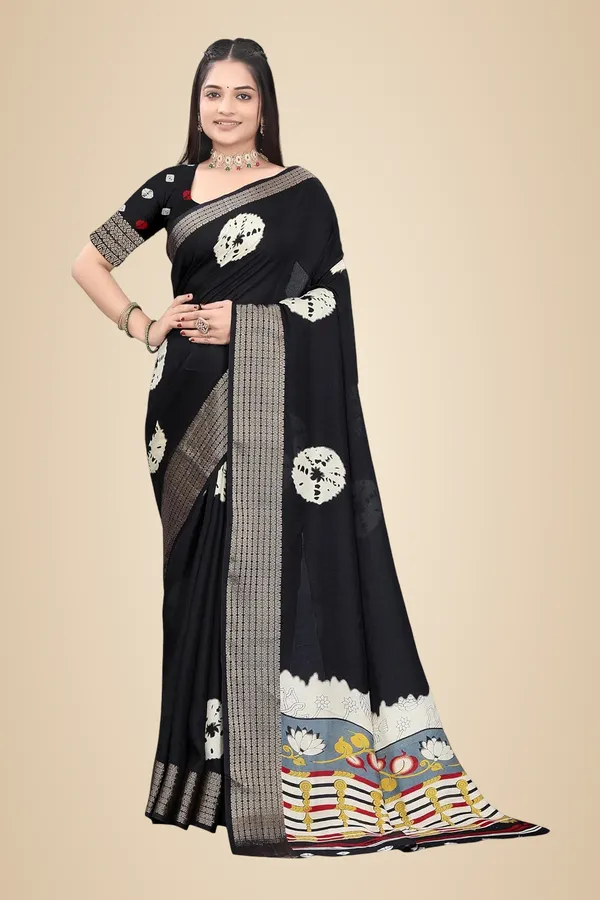 Black_Dola_Silk_Kalamkari_Print_Saree_For_Women