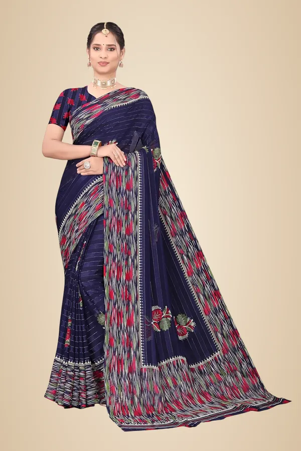 Navy_Blue_Georgette_Floral_Print_Saree_For_Women