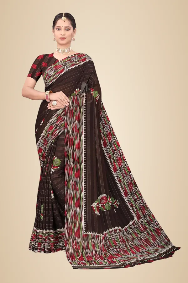 Brown_Georgette_Floral_Print_Saree_For_Women