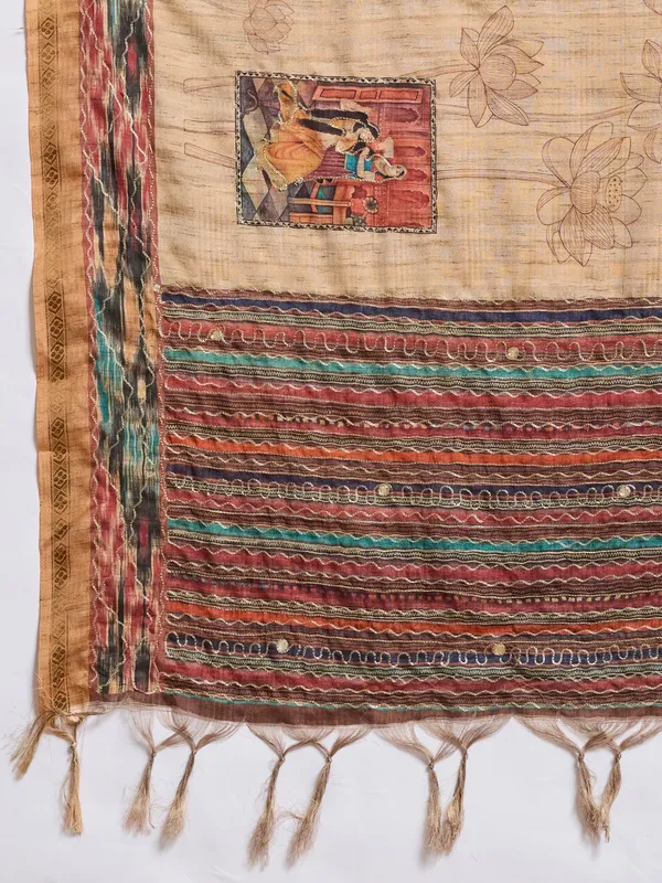 Beige_And_Brown_Hand_Painted_Madhubani_Art_Tussar_Silk_Saree_For_Women