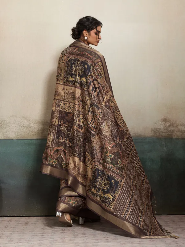 Chocolate_Brown_Traditional_Print_And_Embroidery_Work_Silk_Saree_For_Women