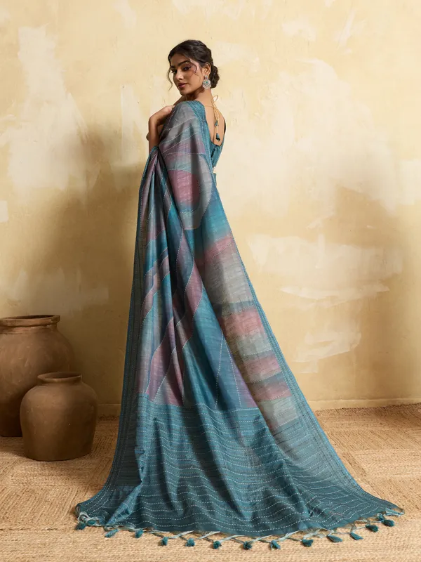 Turquoise__Striped_Kantha_Work_Silk_Saree_For_Women
