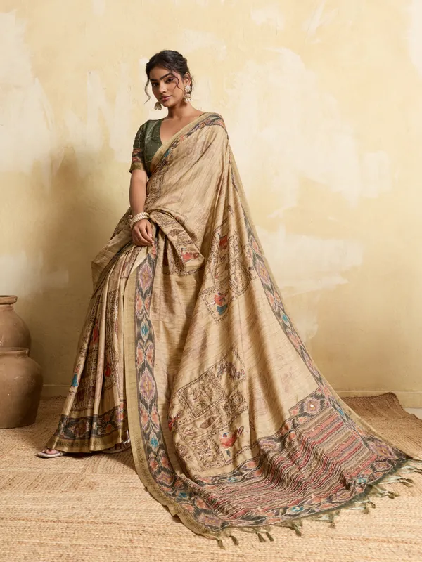 Beige_And_Mehendi_Digital_Print_And_Tassels_Tussar_Silk_Saree_For_Women