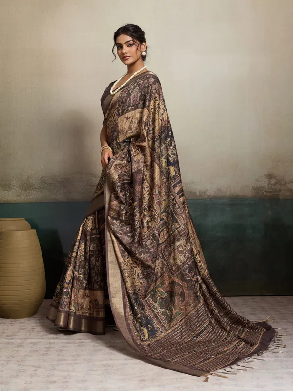 Chocolate_Brown_Traditional_Print_And_Embroidery_Work_Silk_Saree_For_Women