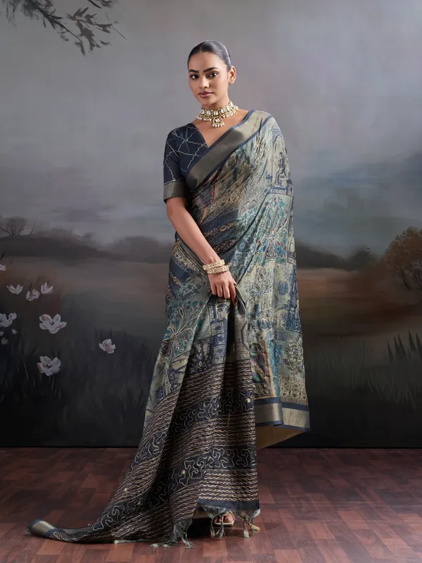 Charcoal_Grey_Intricate_Embrodiery_Woven_Zari_Border_Silk_Saree_For_Women