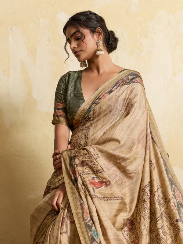 Beige_And_Mehendi_Digital_Print_And_Tassels_Tussar_Silk_Saree_For_Women