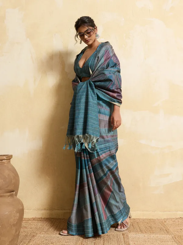 Turquoise__Striped_Kantha_Work_Silk_Saree_For_Women