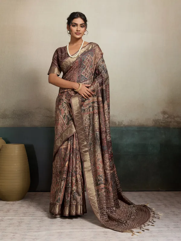 Brown_Intricate_Embrodiery_And_Zari_Border_Silk_Saree_For_Women