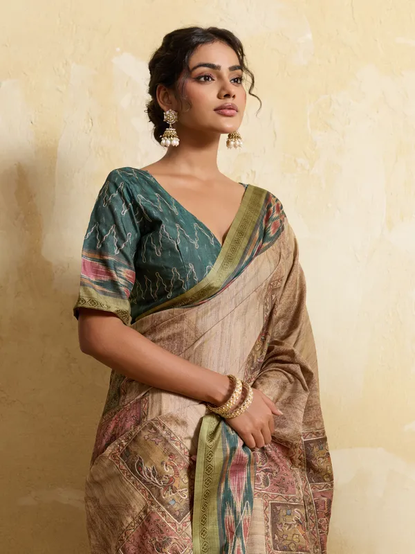 Beige_And_Green_Patch_Look_Silk_Saree_For_Women