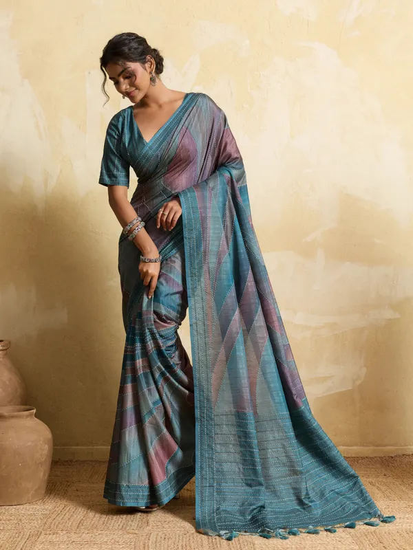 Turquoise__Striped_Kantha_Work_Silk_Saree_For_Women