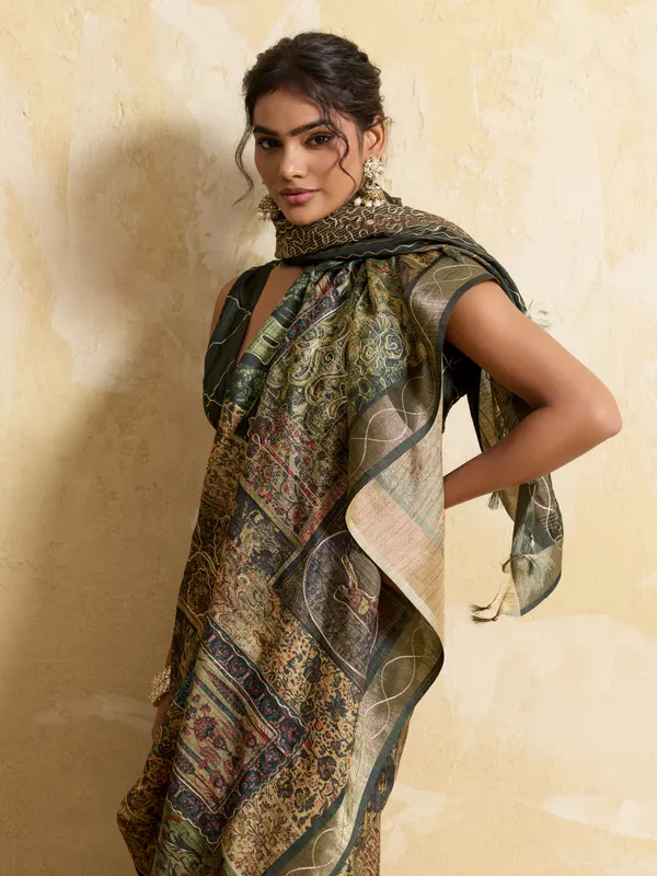 Olive_Green_Intricate_Embroidery_And_Decorative_Silk_Saree_For_Women