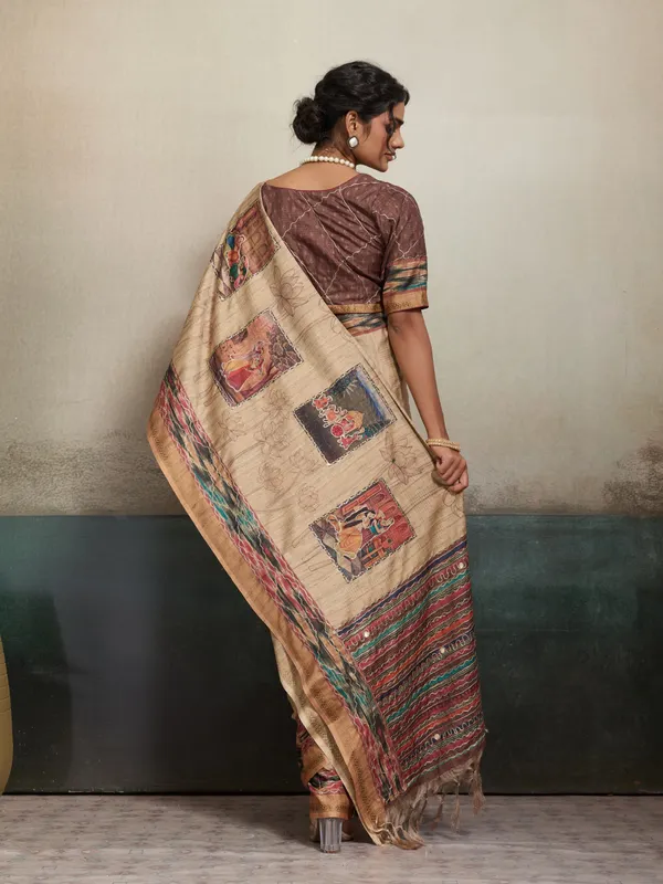 Beige_And_Brown_Hand_Painted_Madhubani_Art_Tussar_Silk_Saree_For_Women