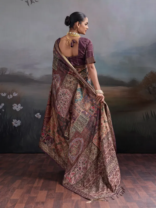 Wine_Floral_Embroidered_Silk_Saree_For_Women