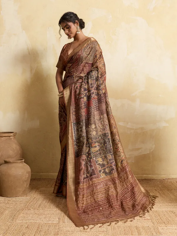 Beige_And_Rust_Intricate_Woven_Motifs_Silk_Saree_For_Women