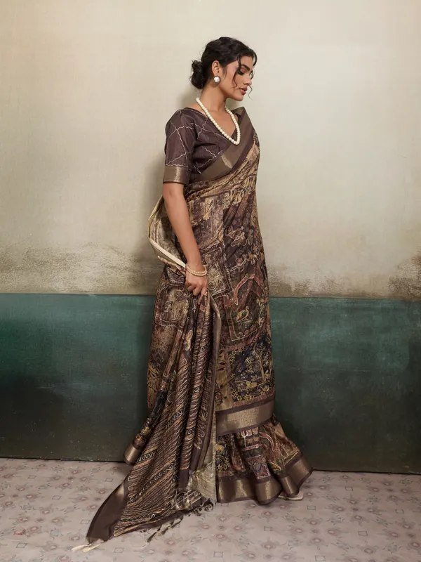 Chocolate_Brown_Traditional_Print_And_Embroidery_Work_Silk_Saree_For_Women