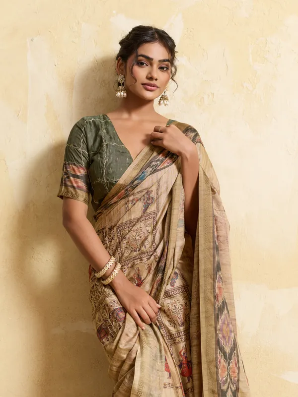 Beige_And_Mehendi_Digital_Print_And_Tassels_Tussar_Silk_Saree_For_Women