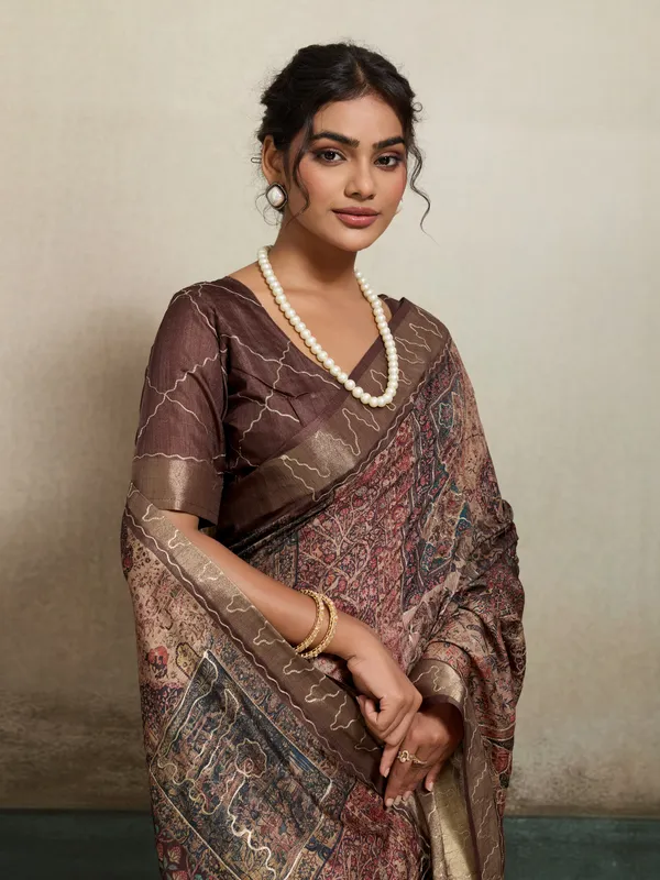 Brown_Intricate_Embrodiery_And_Zari_Border_Silk_Saree_For_Women