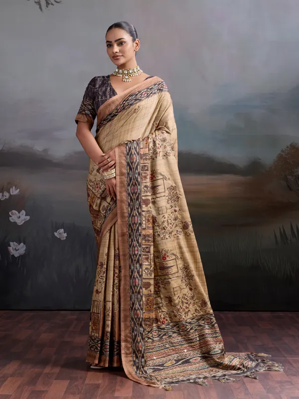 Beige_And_Truffle_Truffle_Patch_Work_Printed_Silk_Blend_Saree_For_Women