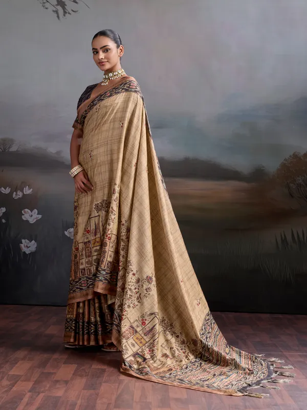 Beige_And_Truffle_Truffle_Patch_Work_Printed_Silk_Blend_Saree_For_Women