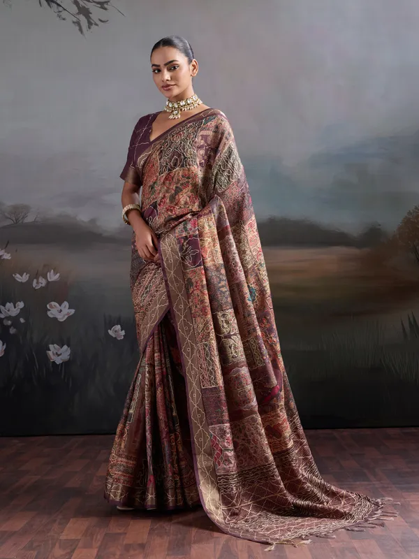 Wine_Floral_Embroidered_Silk_Saree_For_Women