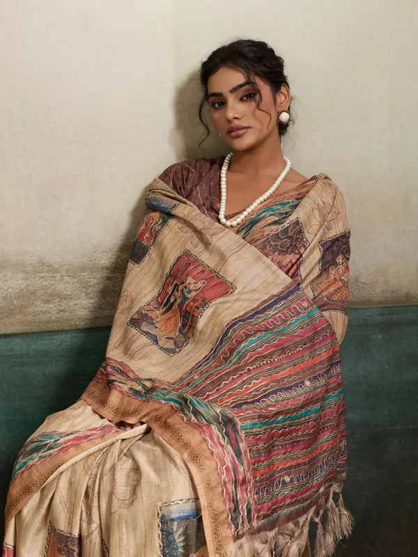 Beige_And_Brown_Hand_Painted_Madhubani_Art_Tussar_Silk_Saree_For_Women