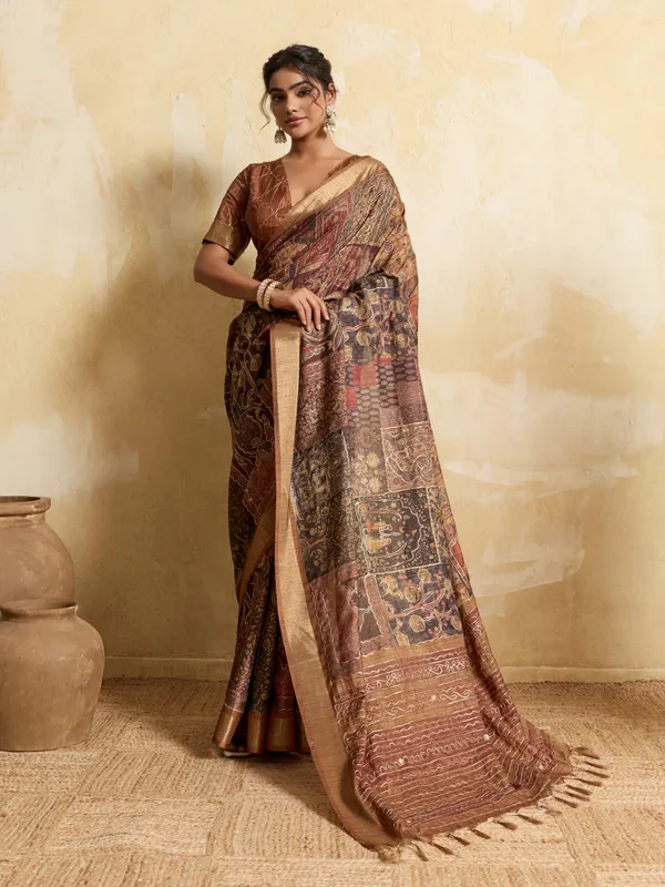 Beige_And_Rust_Intricate_Woven_Motifs_Silk_Saree_For_Women