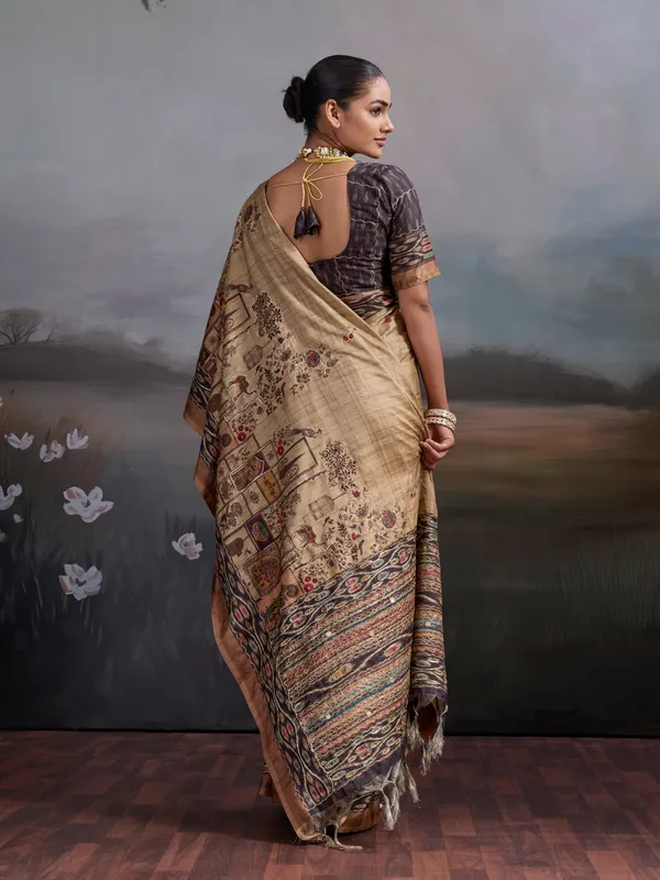 Beige_And_Truffle_Truffle_Patch_Work_Printed_Silk_Blend_Saree_For_Women