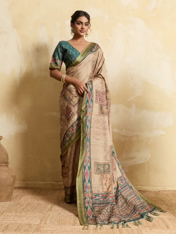 Beige_And_Green_Patch_Look_Silk_Saree_For_Women