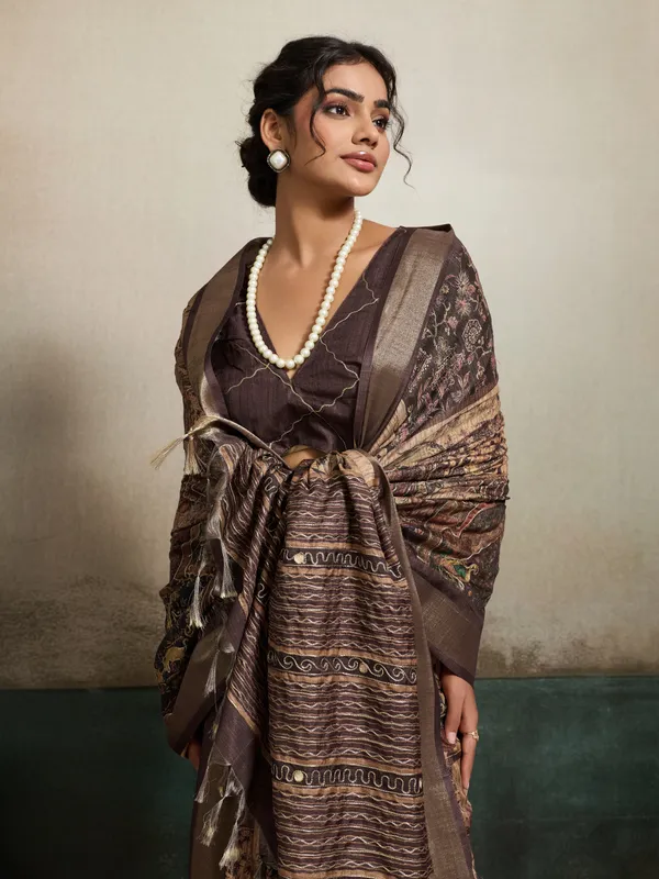 Chocolate_Brown_Traditional_Print_And_Embroidery_Work_Silk_Saree_For_Women