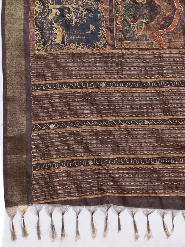 Chocolate_Brown_Traditional_Print_And_Embroidery_Work_Silk_Saree_For_Women