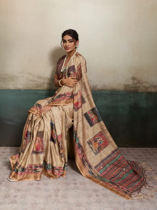 Beige_And_Brown_Hand_Painted_Madhubani_Art_Tussar_Silk_Saree_For_Women