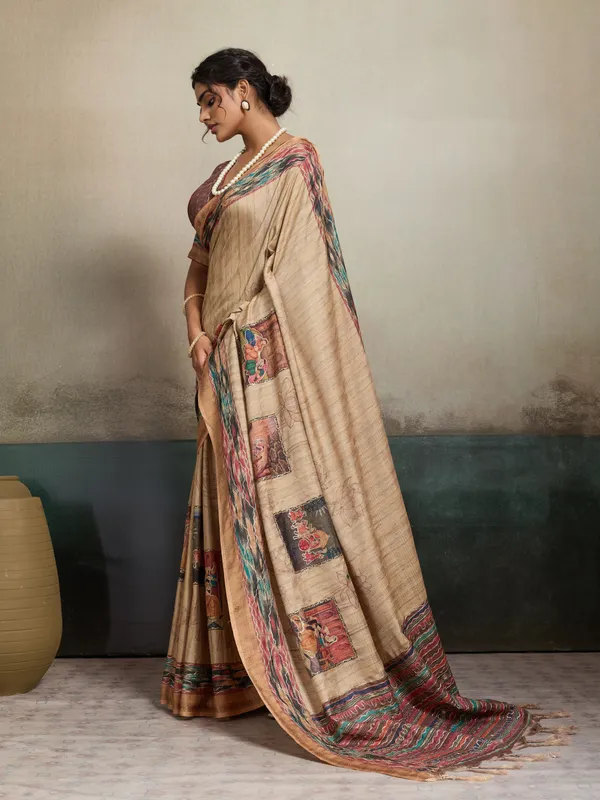 Beige_And_Brown_Hand_Painted_Madhubani_Art_Tussar_Silk_Saree_For_Women