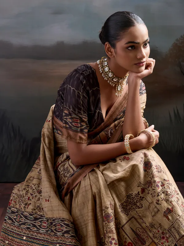 Beige_And_Truffle_Truffle_Patch_Work_Printed_Silk_Blend_Saree_For_Women