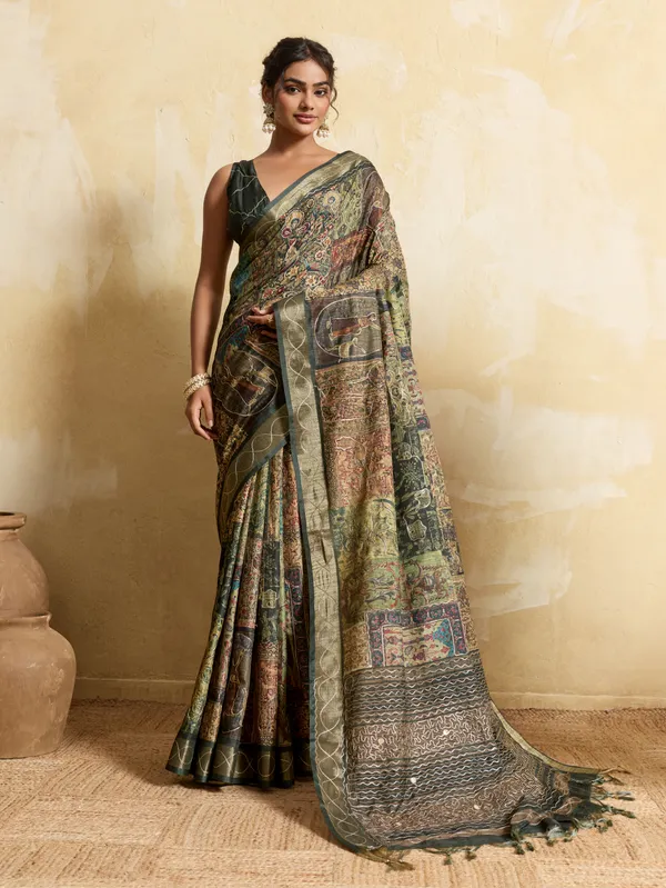 Olive_Green_Intricate_Embroidery_And_Decorative_Silk_Saree_For_Women