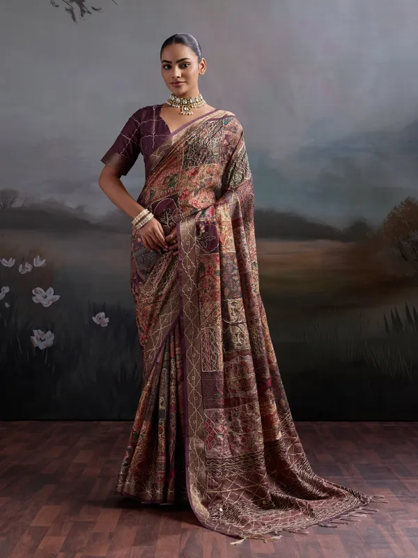 Wine_Floral_Embroidered_Silk_Saree_For_Women