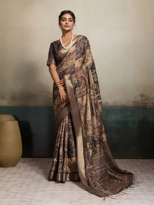 Chocolate_Brown_Traditional_Print_And_Embroidery_Work_Silk_Saree_For_Women