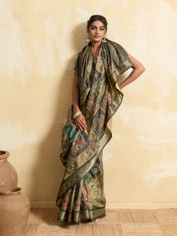 Olive_Green_Intricate_Embroidery_And_Decorative_Silk_Saree_For_Women