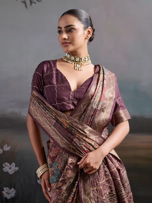 Wine_Floral_Embroidered_Silk_Saree_For_Women