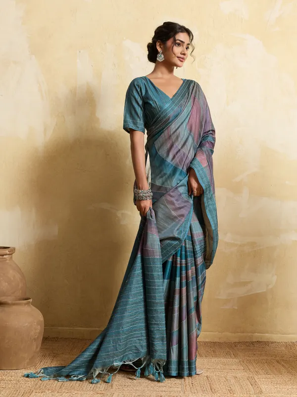 Turquoise__Striped_Kantha_Work_Silk_Saree_For_Women