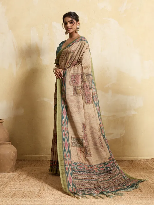 Beige_And_Green_Patch_Look_Silk_Saree_For_Women