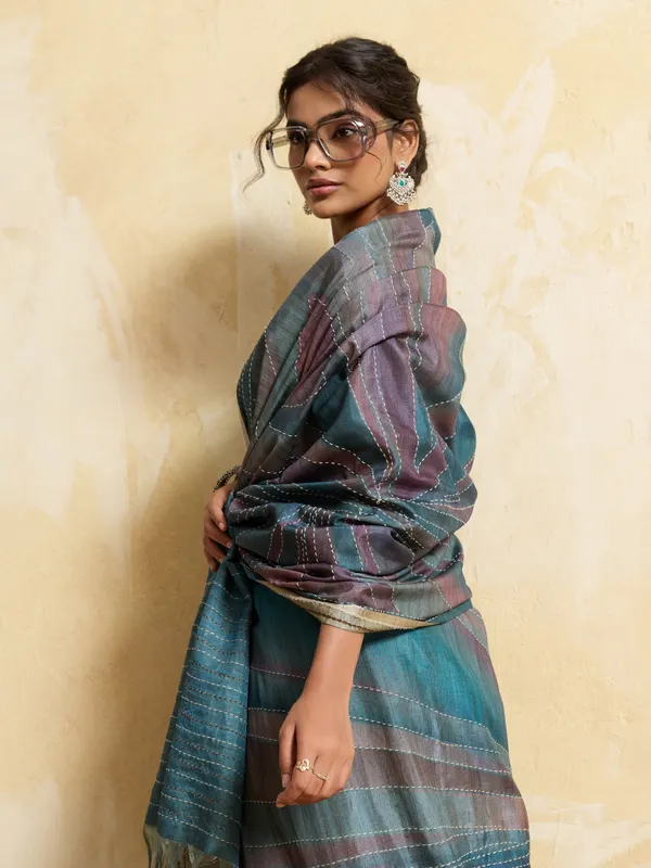 Turquoise__Striped_Kantha_Work_Silk_Saree_For_Women