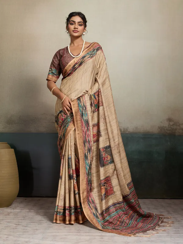Beige_And_Brown_Hand_Painted_Madhubani_Art_Tussar_Silk_Saree_For_Women