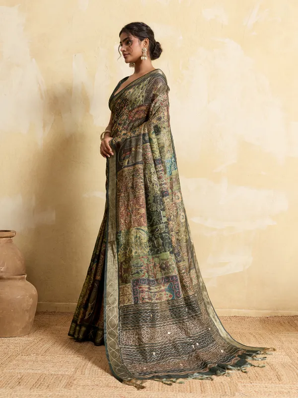Olive_Green_Intricate_Embroidery_And_Decorative_Silk_Saree_For_Women