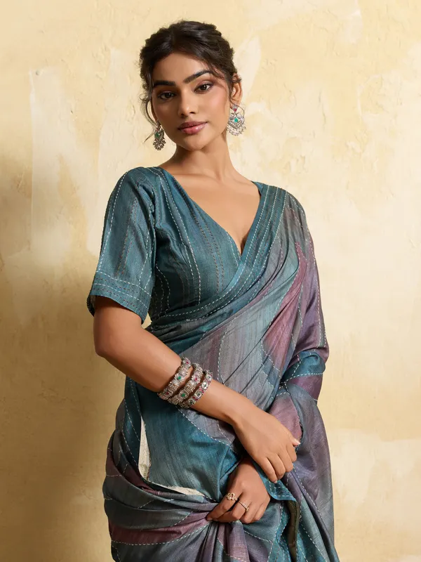 Turquoise__Striped_Kantha_Work_Silk_Saree_For_Women