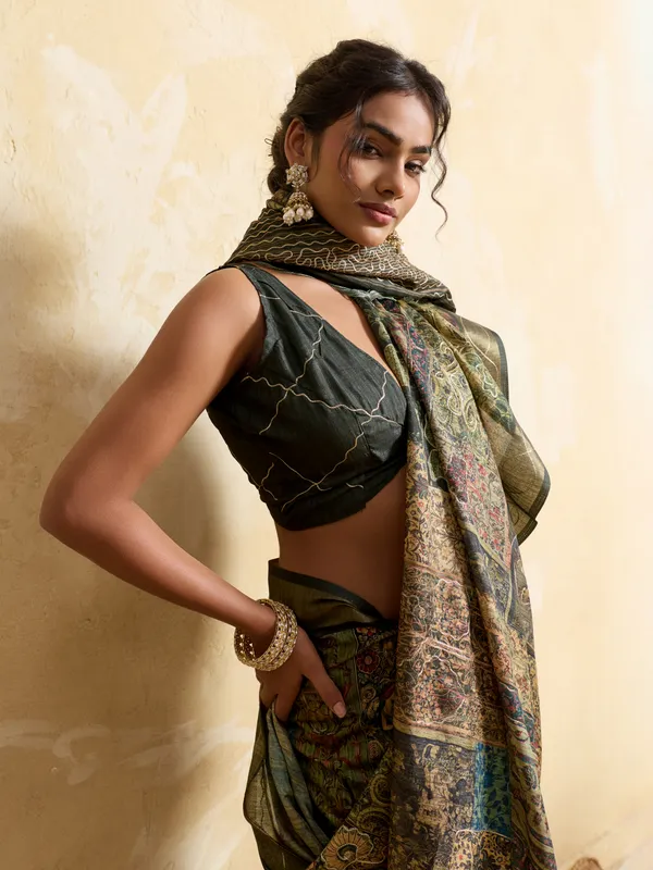 Olive_Green_Intricate_Embroidery_And_Decorative_Silk_Saree_For_Women